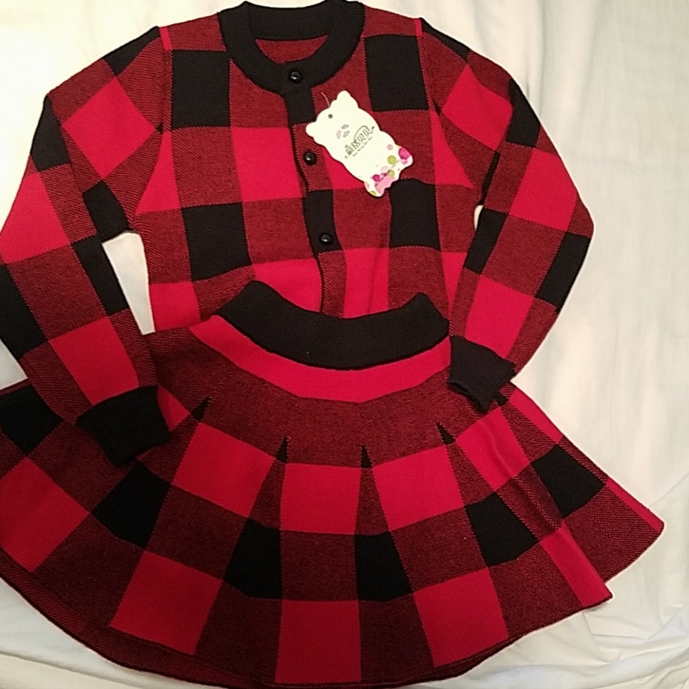 Toddler plaid knitted sweater and matching skirt
